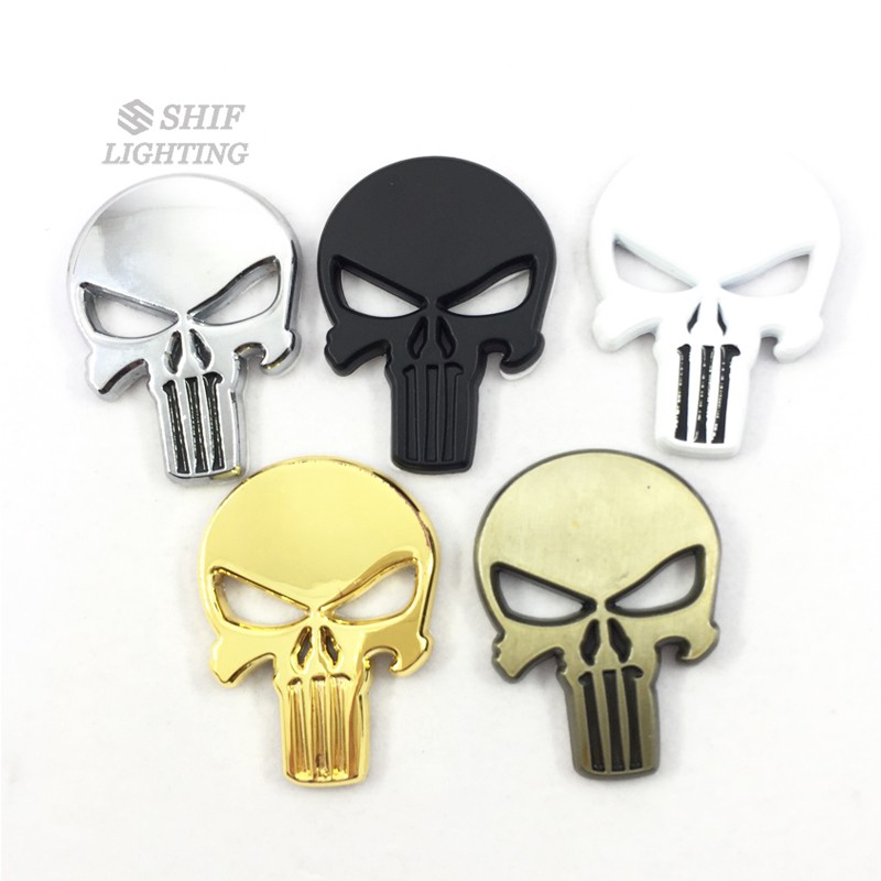 1Pc Stiker Emblem / Badge Motif Punisher Tengkorak 3D Bahan Metal untuk Body Mobil