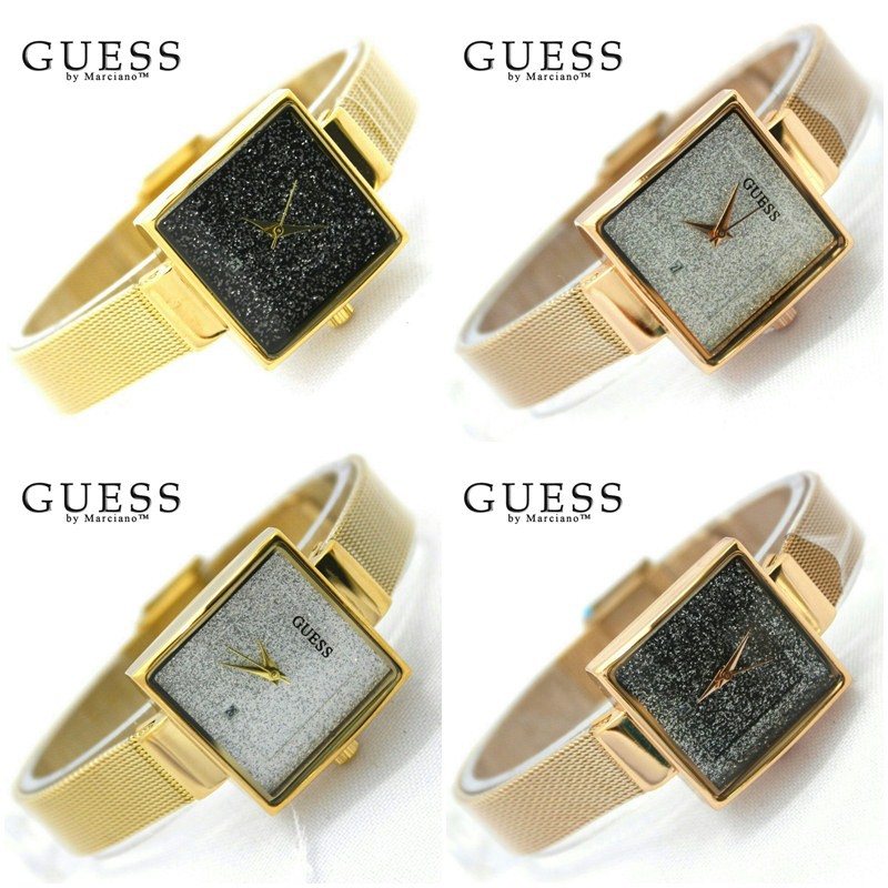 Jam Guess Rantai Pasir Kotak + Tanggal | Jam Guess Glitter | Tali Pasir Jam Cewek Fashion Wanita