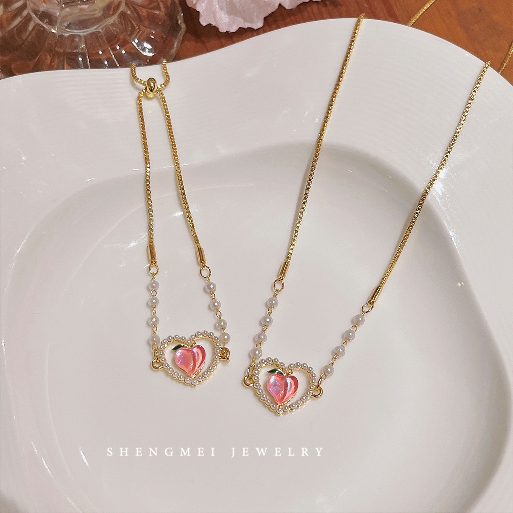 Kalung Choker Liontin Hati Warna Pink Aksen Mutiara Untuk Wanita