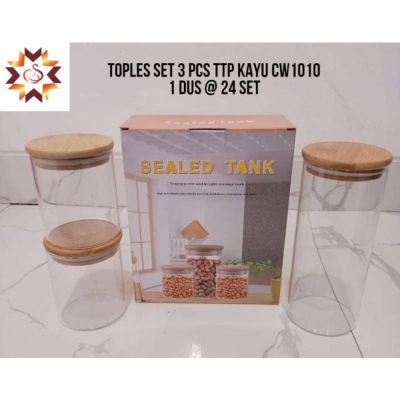 Toples Kaca Set Tutup Kayu 3pcs