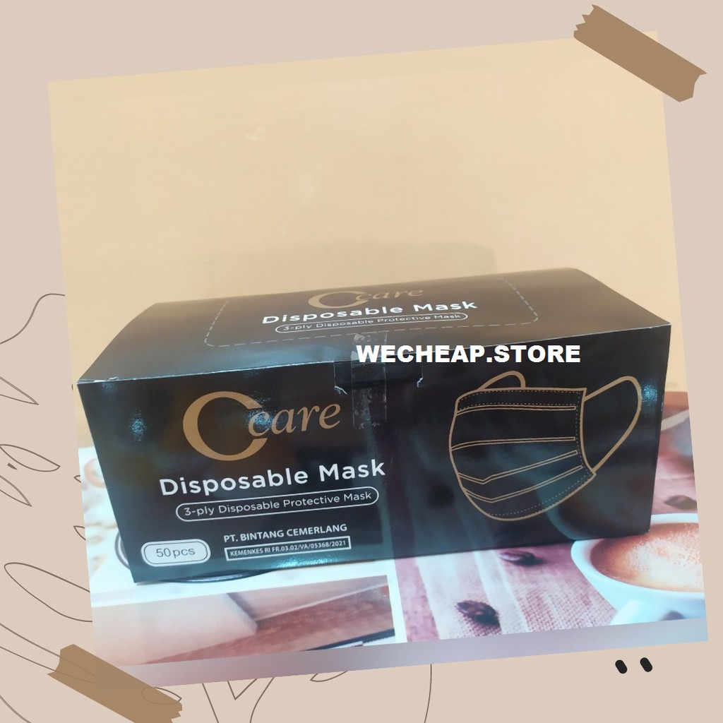 MASKER C CARE HITAM / MASKER 3PLY EARLOOP DISPOSABLE FACE MASK HITAM C CARE / MASKER TERMURAH
