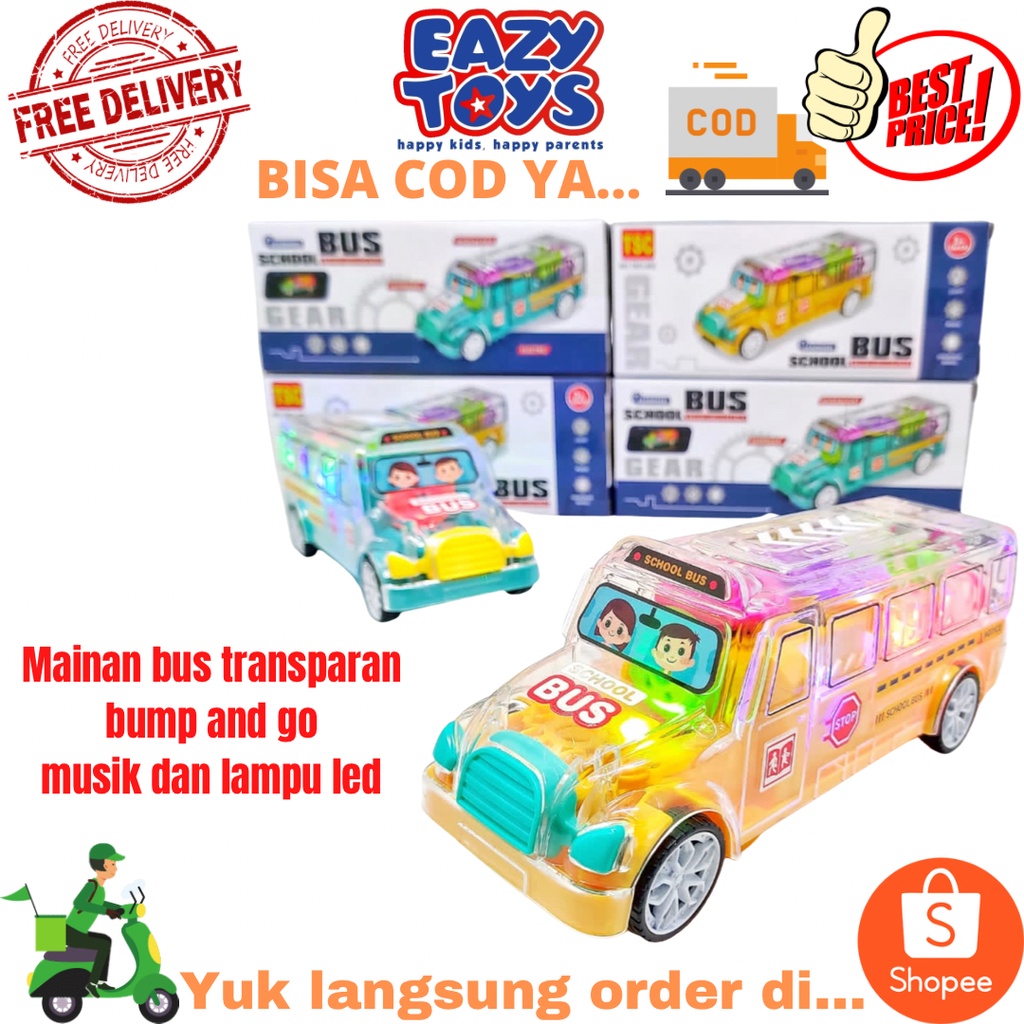 MAINAN BUS BUMP AND GO / TRANSPARENT SCHOOL BUS TOYS LIGHT AND SOUND