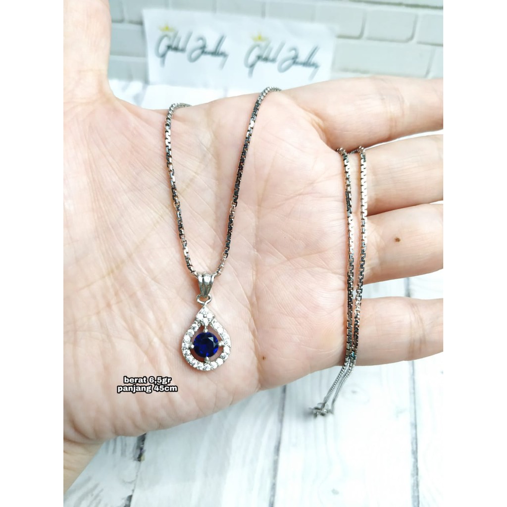 KALUNG SET LIONTIN TETES AIR MATA BIRU PERAK ASLI S925 GLOBAL JEWELLERY CI009