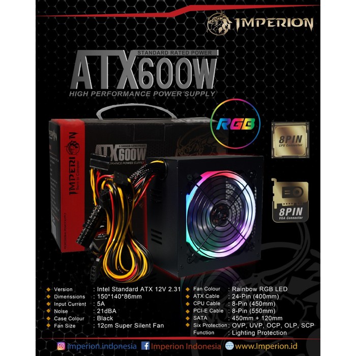 Imperion 600w RGB 8 PIN Power Supply Gaming PSU ATX 600 Watt 8pin