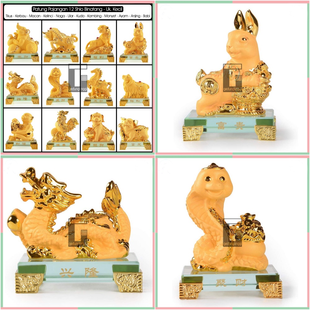 Patung Pajangan Hiasan Imlek Fengshui 12 Animal Zodiak Bintang Binatang Hewan Rat Ox Tiger Rabbit Dragon Snake Horse Sheep Monkey Rooster Dog Pig Sheshio Shio Sio Tikus Kerbau Harimau Kelinci Naga Ular Kuda Kambing Monyet Ayam Anjing Babi Gold Emas Hoki