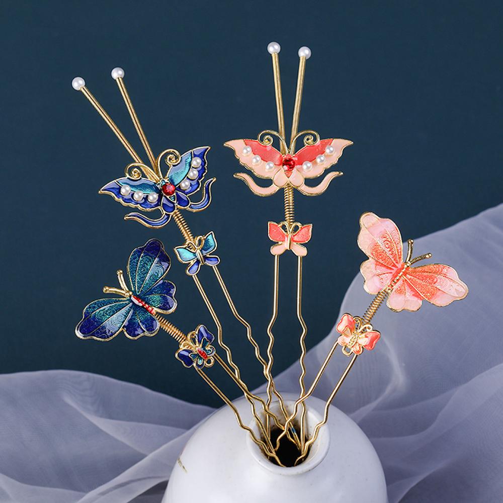 NEEDWAY Butterfly Hair Stick Hanfu Vintage Butterfly Logam Cina Untuk Wanita Pin Rambut Tetes Minyak