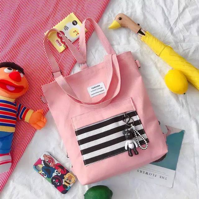 MSECom Tas Fashion Wanita Tote Bag Motif Garis Berbahan Canvas Murah MEDAN