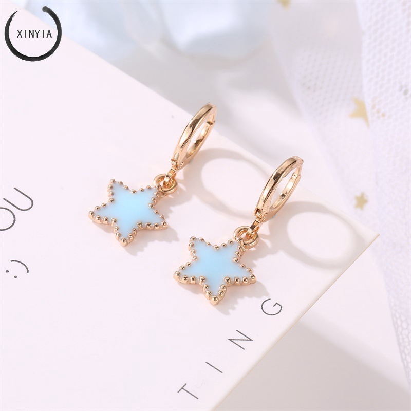 Korea Biru Anting-anting Pentagram Manis Temperamen Geometri Biru