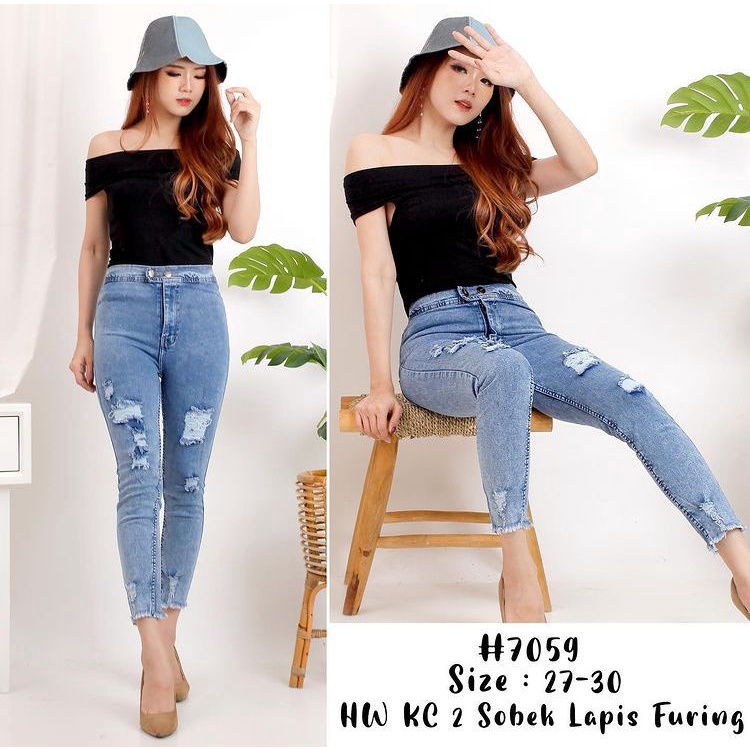 HIGH WAIST SOFT JEANS WANITA // HW SOBEK LAPIS // SIZE: 27-30 // REAL PICT // COD