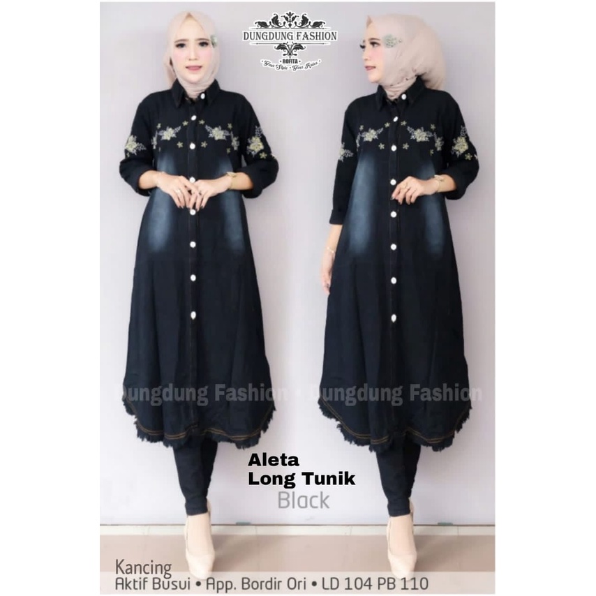 Aleta Long Tunik Jeans Denim Levis Bordir Ori Pakaian Wanita Cantik Anggun Elegan Baju Wanita Kualit