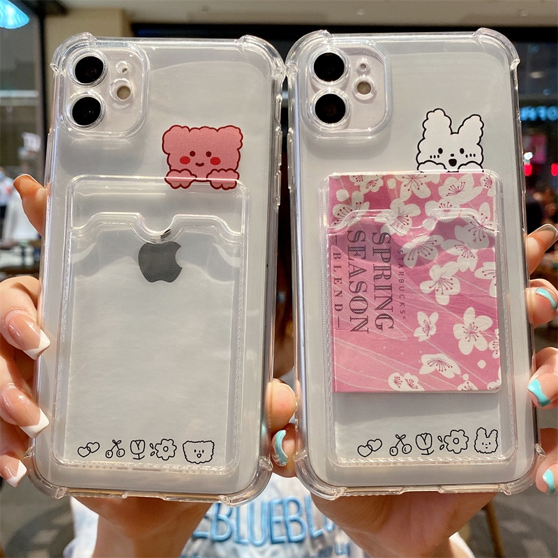 Soft Case TPU Transparan Bumper Karet Motif Kartun Holder Kartu Untuk IPhone 13 12 11 Pro Max X Xs XR 8 7 Plus