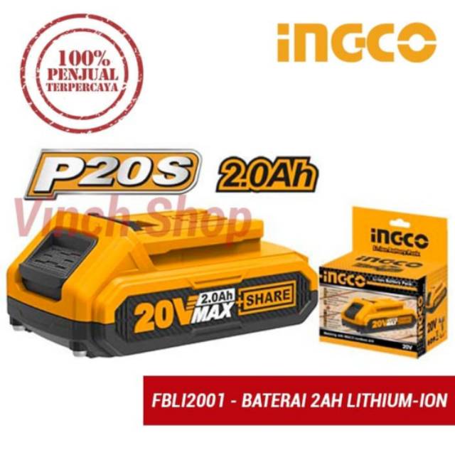 BATERAI MESIN BOR SPRAY GUN GERINDA CORDLESS 20V LITHIUM-ION 2AH BATTERY INGCO FBLI2001
