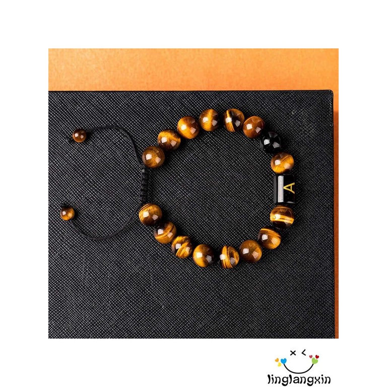 Gelang Tangan Manik-Manik Batu Alam Agate Tiger Eye Desain 26 Huruf Untuk Pria