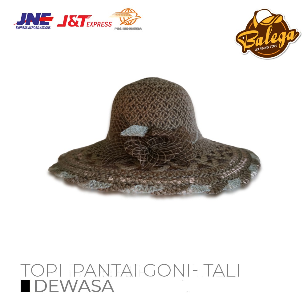 TOPI PANTAI BAHAN ANYAMAN GONI VINTAGE PITA RAJUT + TALI WANITA COKELAT