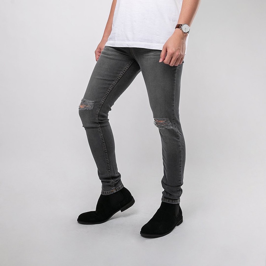 Celana Ripped Jeans Pria  / Celana Jeans Sobek Bahan Stretch Denim - (UJ-17) - Dark Grey