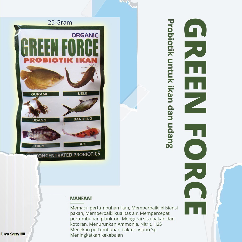 PROBIOTIK PERIKANAN - GREEN FORCE IKAN ORGANIK 25 GRAM ORIGINAL - IKAN GURAMI LELE UDANG BANDENG FISH NILA - ORGANIK - MENEKAN BAKTERI - MURAH - PET ANIMAL HEALTHCARE AND VETERINARY TAMASINDO OBAT KESEHATAN DAN VITAMIN TERNAK HEWAN BINATANG MITRAPETLOVER