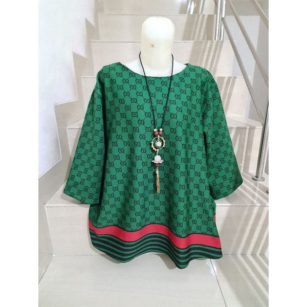 Blouse Scuba Premium Import Jumbo 2XL-3XL-Motif i - Hijau
