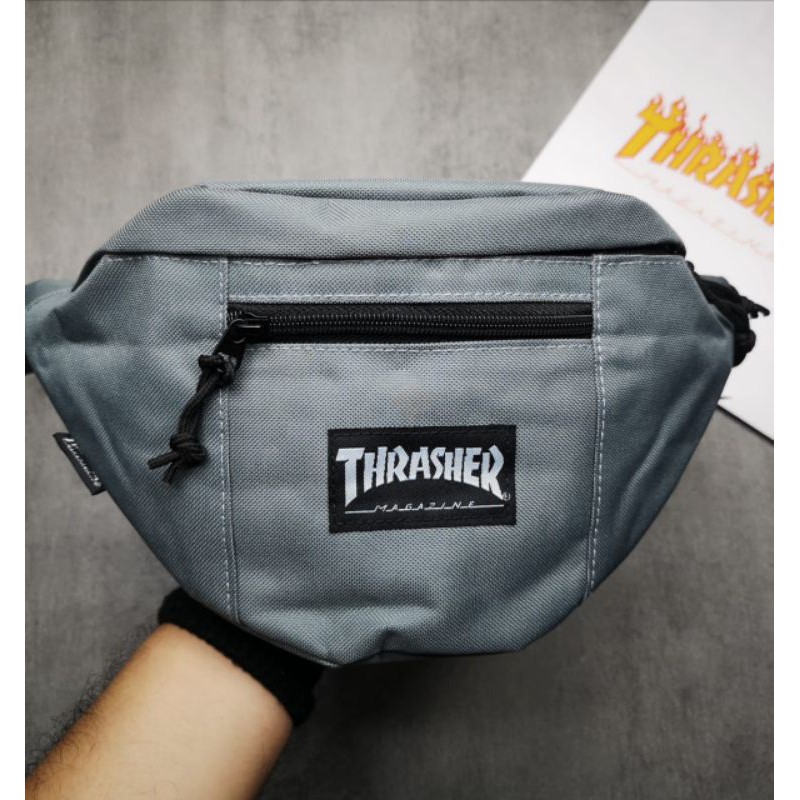 Waistbag Thrasher Flame Logo Waist Bag Grey With Paperbag Tas pinggang pria dan wanita