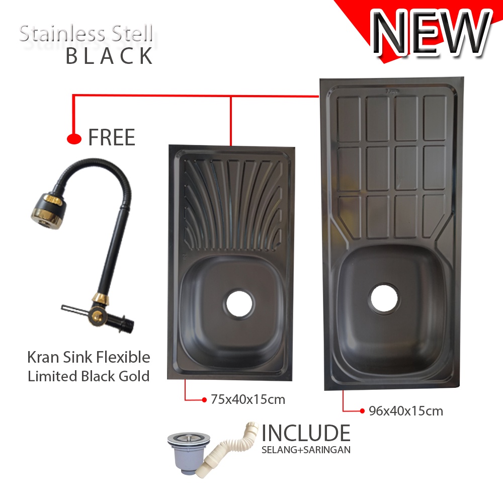 Bak cuci piring Stainless Stell Black Free Kran Air Flexible Cuci Piring Wastafel Black Gold