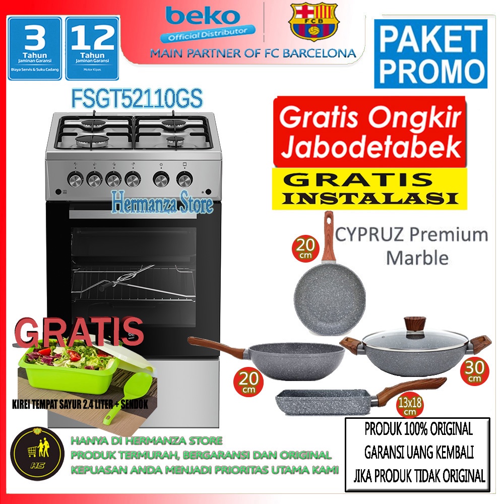 Beko Freestanding Gas Cooker Kompor Oven FSGT52110GS Paket Pan Marble Cypruz 4 Pcs