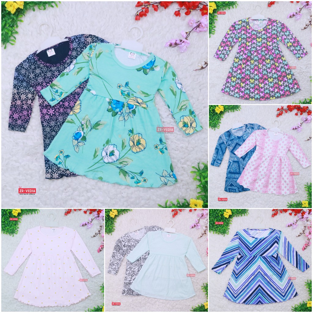 Dress Azizah 3-4 Tahun / Dres Anak Lengan Panjang Baju Harian Perempuan Fashion Kids Motif Adem