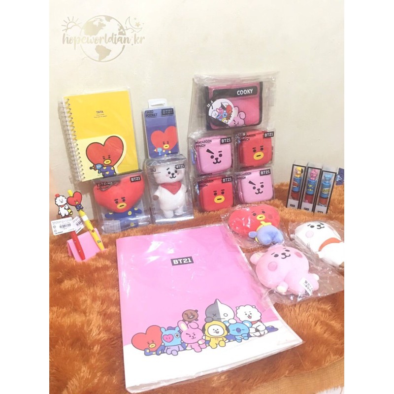 [READY] BT21 Official Bagcharm Macaron Pouch Notebook Gel Pen Lip Tint Card Holder Tata Cooky RJ