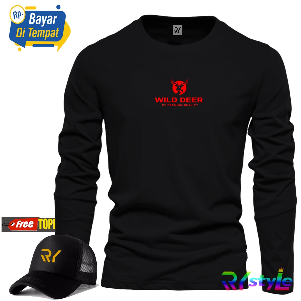 BONUS TOPI.. Kaos Lengan Panjang WILD DEER Merah + Topi Random / Kaos Pria / kaos Polos
