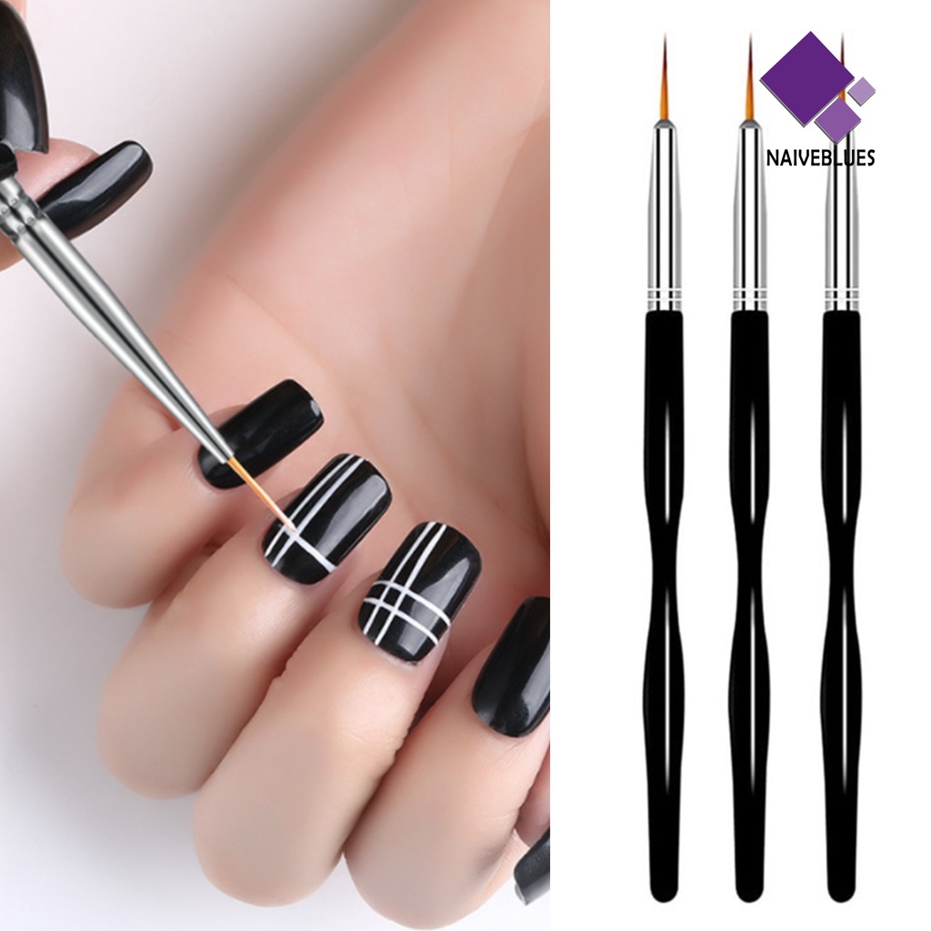 Naiveblue 3Pcs / Set Pen Gambar Garis Nail Art Ringan Reusable Warna Hitam