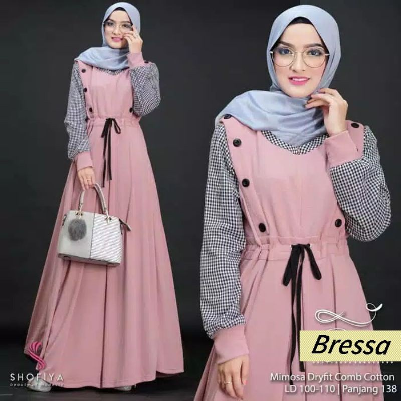 Bressa - Gamis Baju Dress Muslim Wanita Kondangan Tali Pita Depan Kancing Kemeja Tangan Lengan Panjang Motif Kotak Kombinasi Warna Polos Dusty Pink Muda Biru Tua Navy Mocca Coklat Milo Grey Abu Abu/ Dress Fashion Muslim Wanita Busui Rangkapan Kemeja Kotak