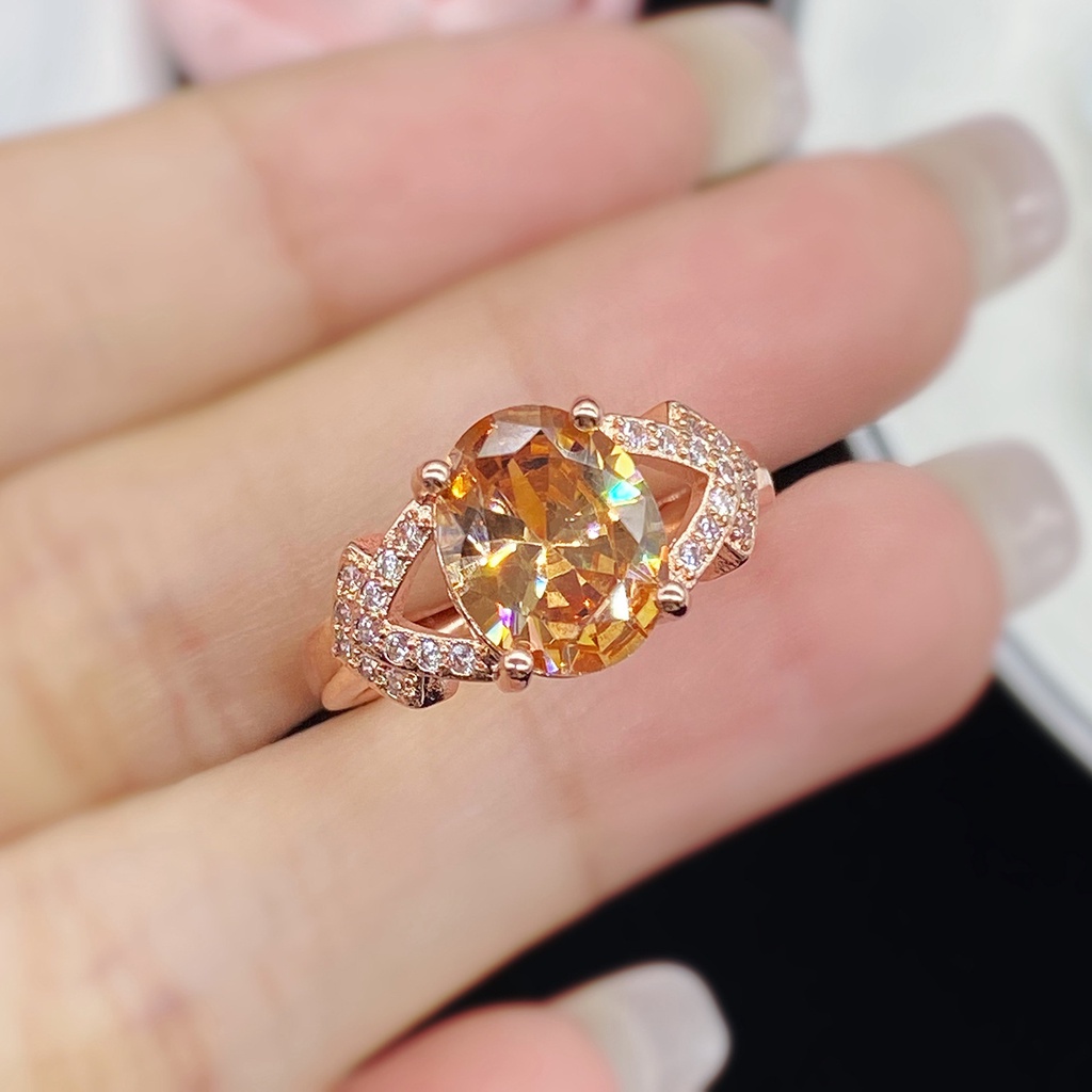 Champagne Moissanite Yang Mewah Cincin Baja Titanium Emas Mawar Berlian Kristal Fashion Wanita Pernikahan Rings
