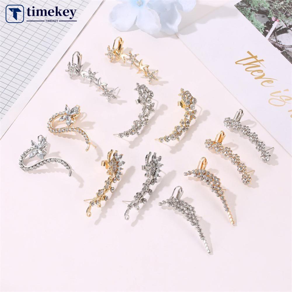 Timekey 1PC Anting Klip Desain Kupukupu Bunga Hias Kristal Berlian Imitasi Untuk Wanita A8K1