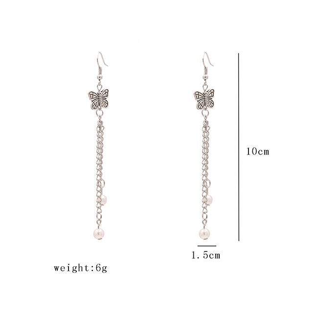 LRC Anting Gantung Fashion Silver Ancient Silver Tassel Butterfly Pearl Alloy Earrings K43713