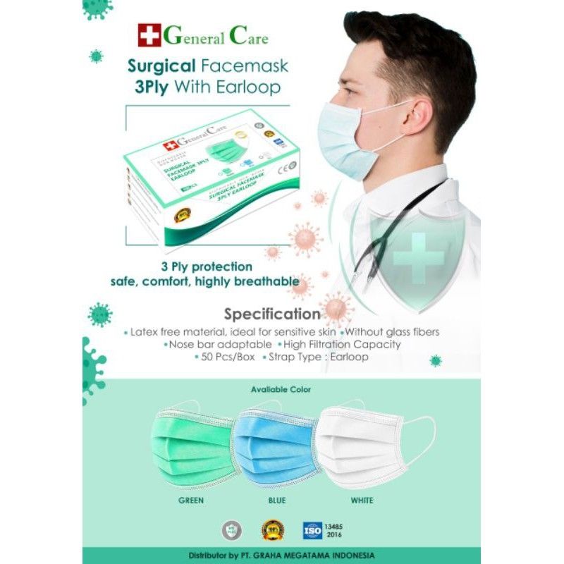 Masker GEA Medical Surgical Face Mask Earloop 3 Ply EMBOS isi 50 pcs