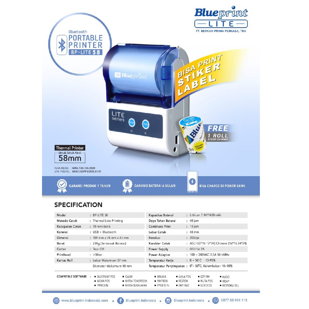 Blueprint Lite 58 Printer Thermal Portable Struk Label Stiker Nota Kecil Bluetooth