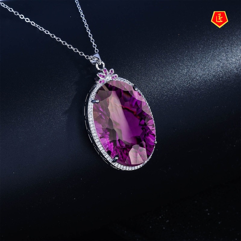 [Ready Stock]Luxurious Colored Gems Necklace Micro-Inlaid Diamond Elegant Amethyst Pendant