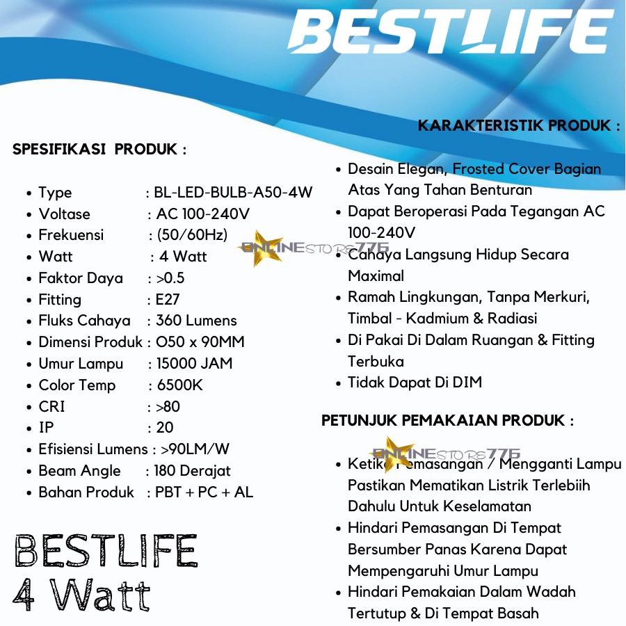 LAMPU BOHLAM LED BESTLIFE 4W / LAMPU LED BESTLIFE 4 WATT / BOHLAM GARANSI 1 TAHUN / CAHAYA PUTIH