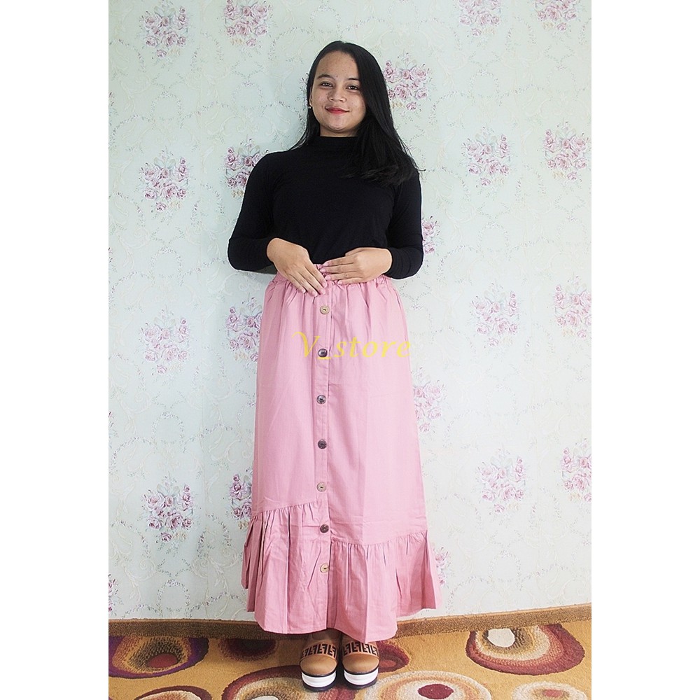 Rok Panjang Jingjet Rok Wanita Model Kancing Lurus Bawah Jingjet Rok Katun Monica Skirt Warna Pink