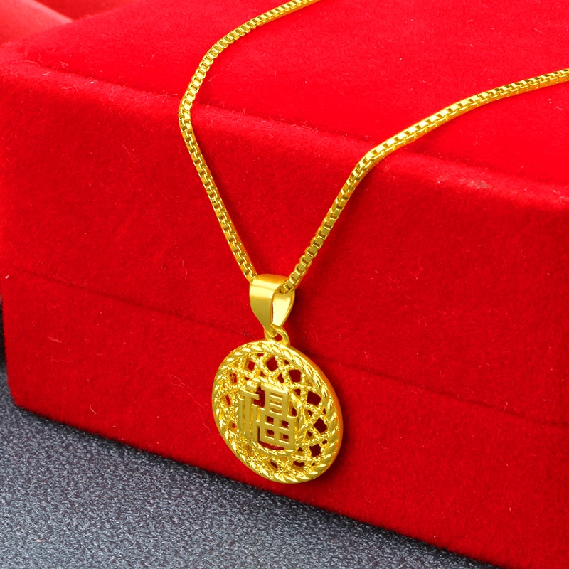 Kalung Emas Asli Kadar 375 Dengan Liontin Karakter Fu Hollow Gaya China Untuk Pria Dan Wanita