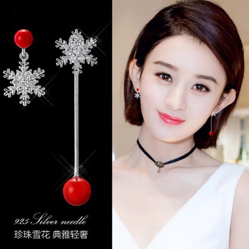 Sederhana Red Pearl asimetris kepingan salju telinga stud Korea elegan merah all-match anting-anting