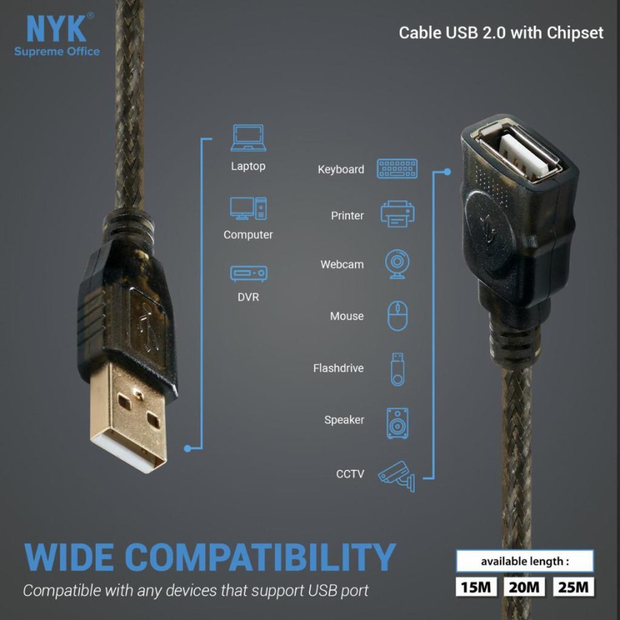 Cable usb A 2.0 Extension NB 25 meter 480Mbps active ic chipset adapter - Kabel usb2.0 male female 25m aktif