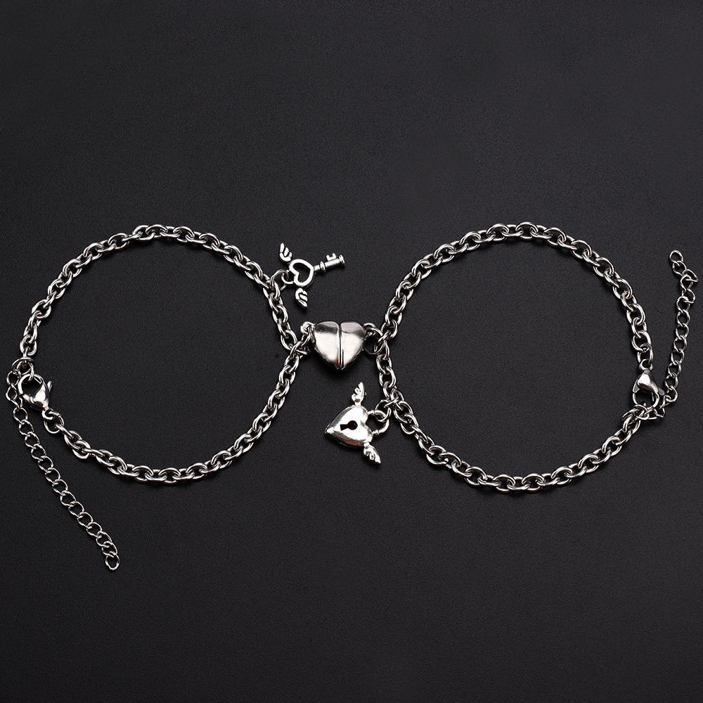 【COD Tangding】2pcs/set Love Lock Simple Lovers Bracelet New Heart Magnet INS Trend Jewelry