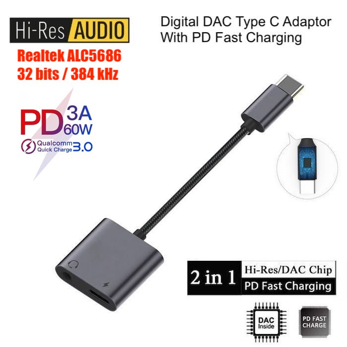 Enhanced Adaptor 2 in 1 Hi Res DAC Type C To 3.5mm With PD Fast Charge