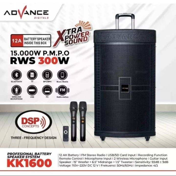 Speaker Portable Profesional Advance KK1600 KK-1600 15" 2Mic Wireless