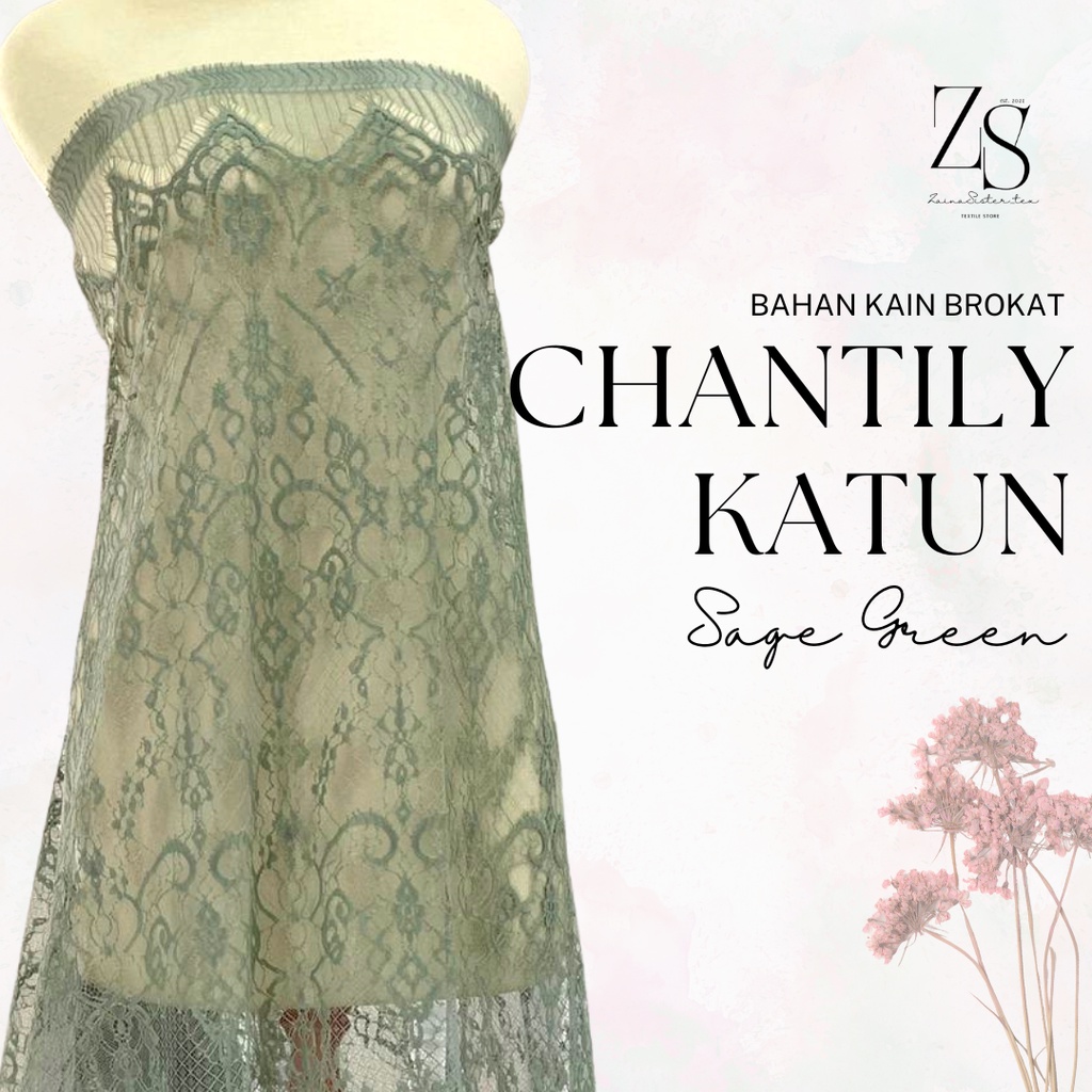 Kain Kebaya Brokat Brukat Panel Chantily Katun Semi France Prancis Warna Hijau Sage Green