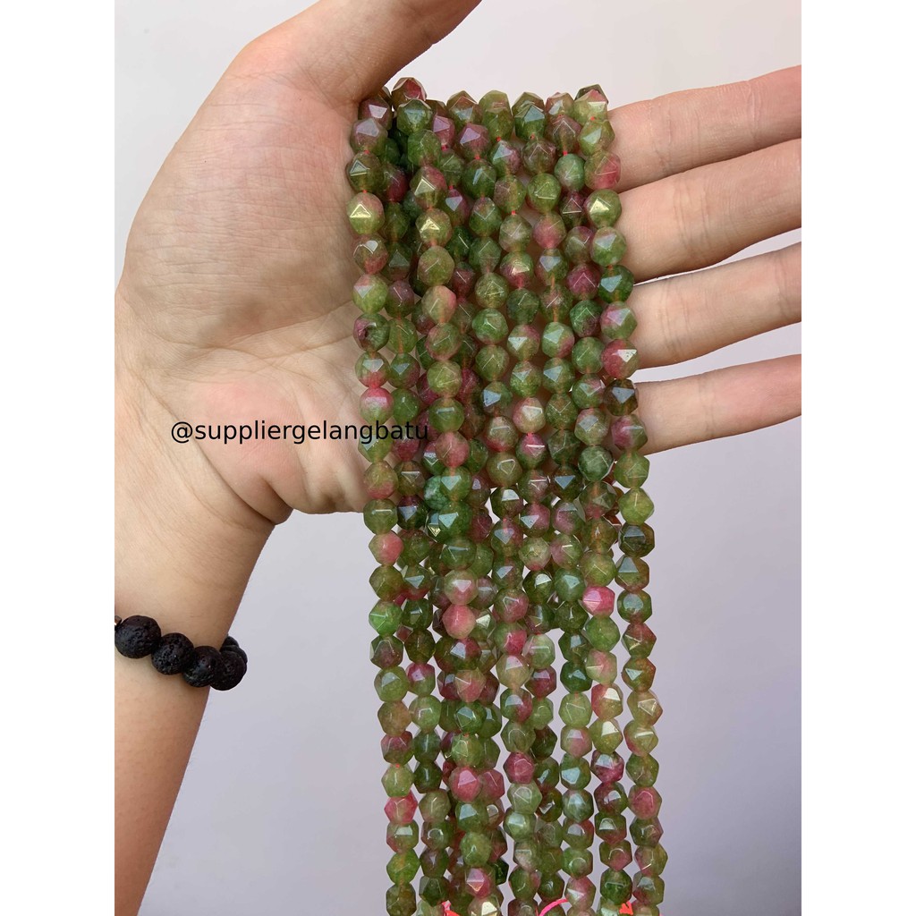 batu faceted hexagon Stone 8mm bloodstone hijau pink muda kreasi anak