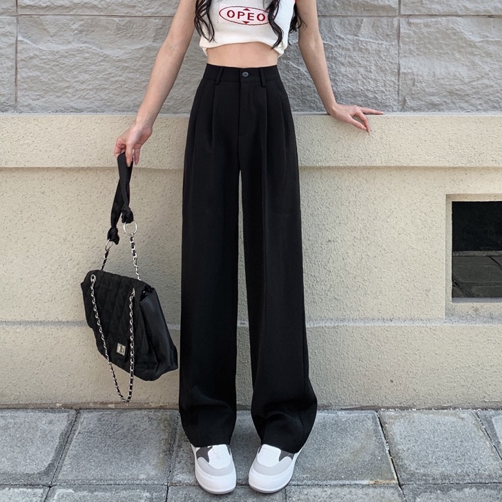 celana highwaist wanita/straight loose celana kulot panjang/import korean style kasual hitam pants