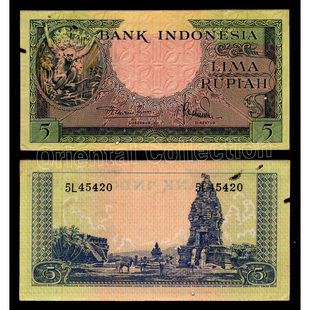 Uang Kuno Rp.5 Tahun 1957 Seri Hewan Monyet Satu Huruf (Prefik 1 HURUF) VF/XF