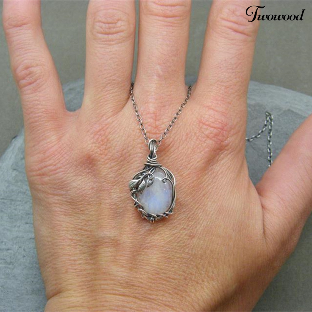 Twowood Clavicle Necklace Extension Chain Leaf Print Fine Workmanship Faux Moonstone Pendant Charm Necklace for Women