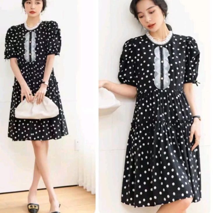 1998 Baju mini dress gaun pesta pendek motif polkadot hitam murah dres Korea Korean style cewek impo