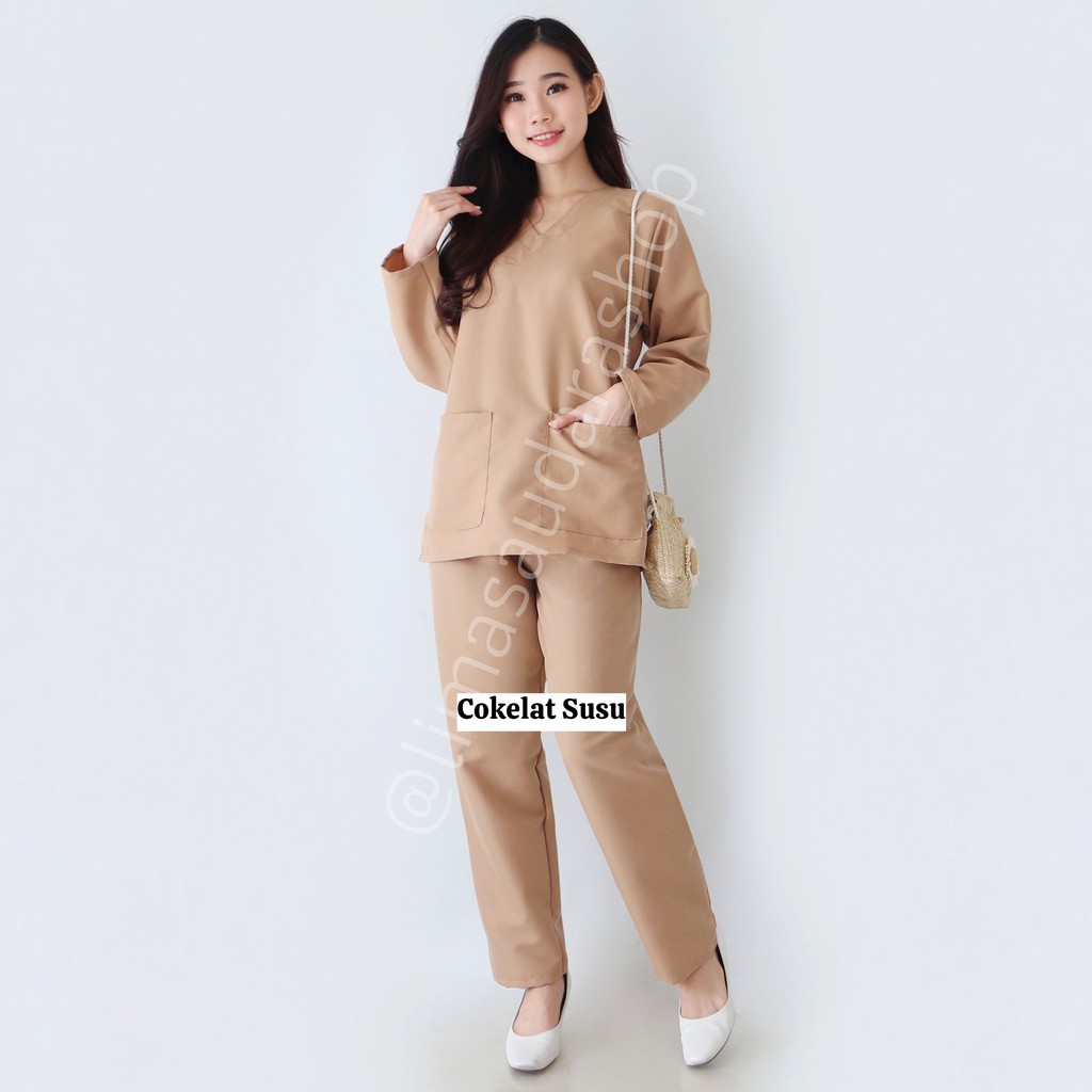 NEW! BAJU JAGA LENGAN PANJANG UNISEX (BAJU OKA/ OK/ BAJU SCRUB MEDIS) 1 SET BAJU DAN CELANA